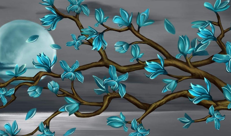 Visual Art Decor Beautiful Flowers Wall Art Abstract Teal Magnolia Blossom Over Sea Canvas Prints Gallery Wrap Floral Decoration Modern Living Room Bedroom Home Artwork Gift (W-50xH-24) - Image 5